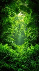 Obraz premium Lush Green Rainforest Interior Reveals Natural Light and Vegetation
