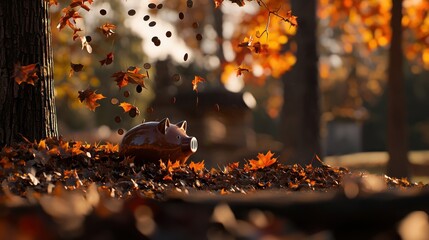 Autumn Savings Pig in Falling Leaves