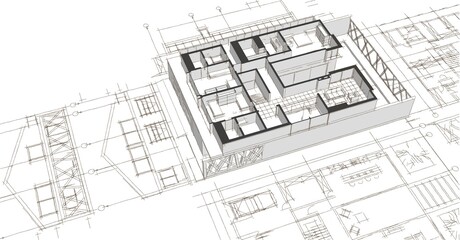 house architectural project sketch 3d illustration	

