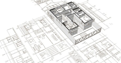 house architectural project sketch 3d illustration	
