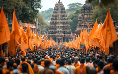 Temple Procession: Saffron Flags and Majestic Architecture