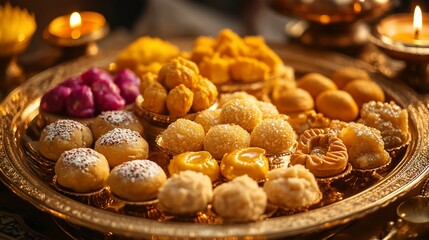 Fototapeta premium Assorted Indian sweets on a golden tray with diyas.