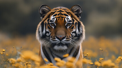 Tiger in field of yellow flowers, looking majestic and calm