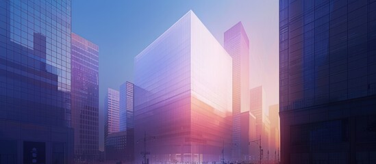 Obraz premium Modern city skyline with a prominent glass building at sunrise.