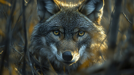 Obraz premium wolf with intense eyes peers through dense forest foliage