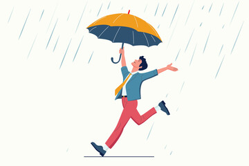 retirement life plan security concept, carefree freedom happy man dancing in rain under umbrella , saving investment goal , financial insurance  , cartoon vector  