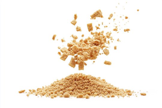 Crunchy biscuit crumbs falling onto a pile isolated on white background