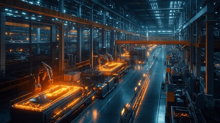 Automated factory production line with robotic arms processing glowing metal parts.
