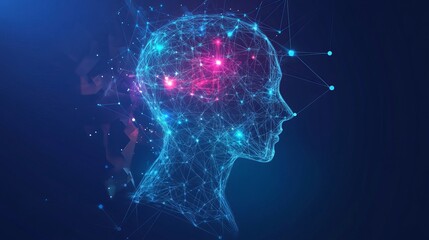 Abstract digital human head profile network connections blue pink mind data mesh brain nodes lines