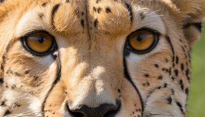 Close-up portrait of a cheetah's face, showcasing its intense golden eyes, distinctive black spots, and unique fur pattern.