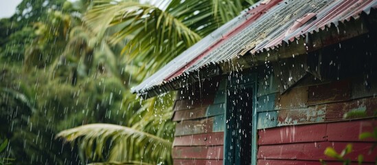Tropical Downpour: A Weathered Hut Amidst Lush Rainforests during Rainy Season