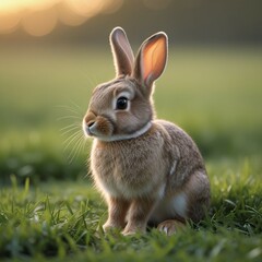 Fototapeta premium Calm Bunny Sitting on Green Grass