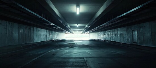 Eerie Underground Parking Garage with Dim Lighting Leading to Bright Exit