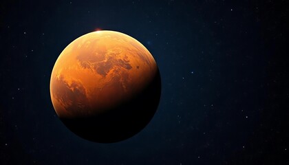 Mars dominates a deep space vista, its rusty surface glowing against a backdrop of countless stars, red, dramatic