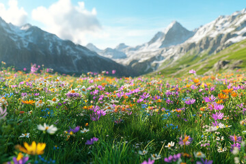 Vibrant wildflowers bloom in a sunny alpine meadow majestic snowcapped mountains form a stunning backdrop a breathtaking natural scene