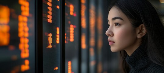 Woman Examining Digital Data Display. Immersive Visualizations in Digital Research and Data Analysis