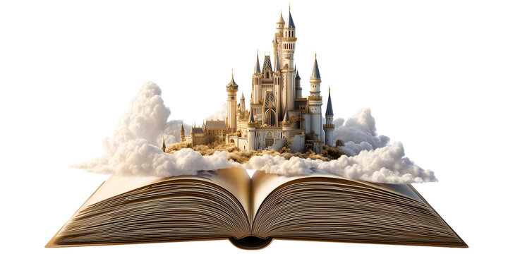 dreamy magical castle and kingdom popping out of the clouds over open book; fantasy element isolated over transparent (white) background