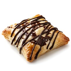 Chocolate drizzle on a flaky pastry, against a white background