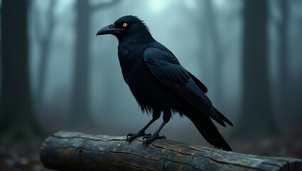 Crow Sitting on Fallen Tree Branch