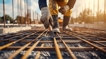 Concrete worker pouring foundation for building site. Featuring careful execution and craftsmanship