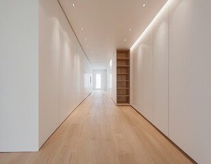 Bright and spacious hallway with sleek white walls and wooden flooring, featuring modern lighting design.