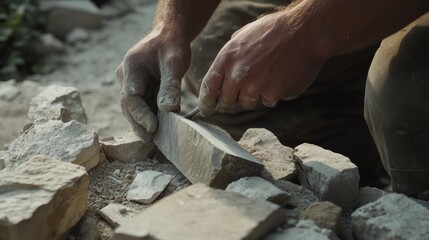 A mason chiseling stone at a restoration site. Featuring detail and craftsmanship