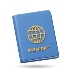 A blue passport with a golden globe emblem for identification use isolated on white background