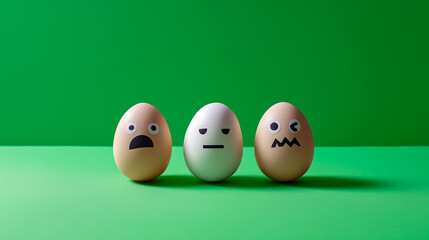 Three eggs with drawn faces displaying different emotions like shock, stoicism, and a strange, goofy expression on a green background.