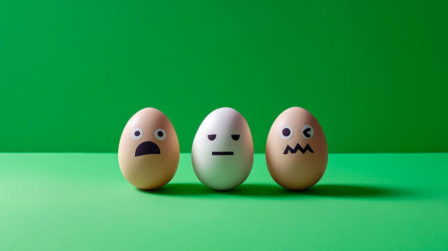 Three eggs with drawn faces displaying different emotions like shock, stoicism, and a strange, goofy expression on a green background.