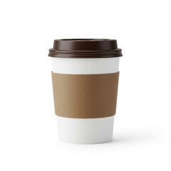 A paper cup with brown lid and sleeve view isolated on white background