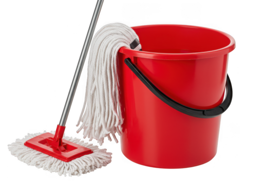 A red bucket and a mop