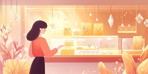 Elegant Woman Trying on Exquisite Jewelry in Luxurious Boutique: Flat Design Illustration for Women's Day and Mother's Day. Vibrant AI-Generated Artwork Celebrating Modern Femininity and Empowerment