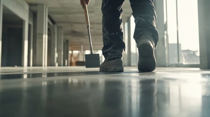 Fototapeta premium Concrete worker smoothing a cement floor at a construction site. Featuring focus and skill