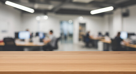 Obraz premium Empty Wood table with blurred office room background, brown, blank, decoration, counter, product, nobody, top,Generated Ai