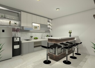 Modern 3D minimalist kitchen interior with a bar unit, varied lighting, and display shelves.