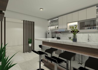 Contemporary 3D bar table and kitchen cabinetry with a wood and marble interior finish. 