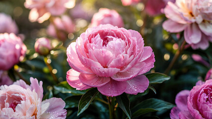 Pink Peonies in Garden Setting