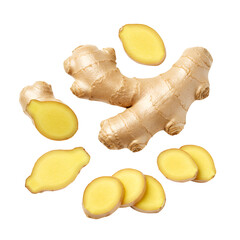 Sliced and whole ginger root on white