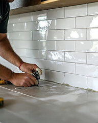 Tile worker aligning ceramic tiles on a kitchen backsplash. Featuring accuracy and patience