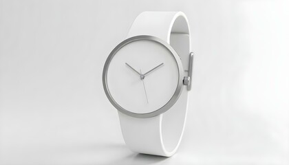 A clean and minimalist wristwatch, showcasing a sleek white band and silver accents on white.