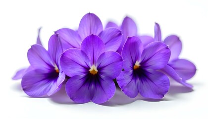 A cluster of beautiful purple violets, showcasing their delicate petals on a white backdrop.