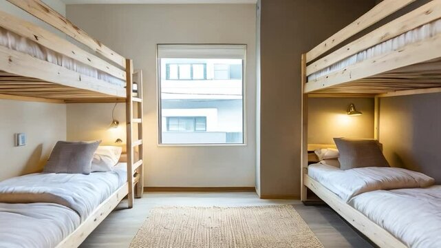 A clean and cozy room features two wooden bunk beds with soft white bedding and warm lighting