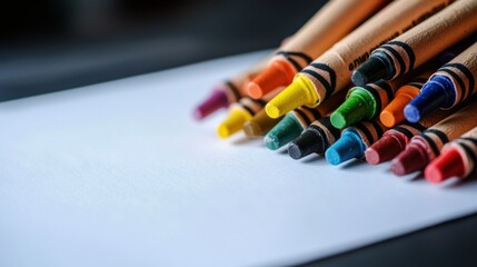 Colorful crayons stacked on white paper, ready for drawing