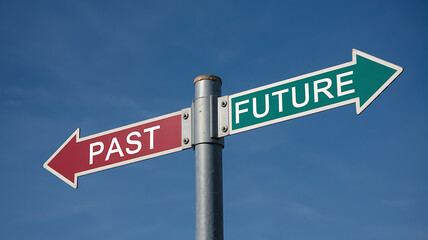 A signpost with Past pointing left in red and Future pointing right in green against a clear blue sky.