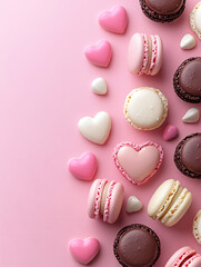 Obraz premium Pink pastel scene of macarons heart-shaped candies and pearls artfully arranged on a soft pink background.