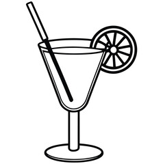 A stylized black and white illustration of a cocktail in a tall, curved glass. The drink is garnished with a slice of lemon on the rim and a straw inserted into the glass.