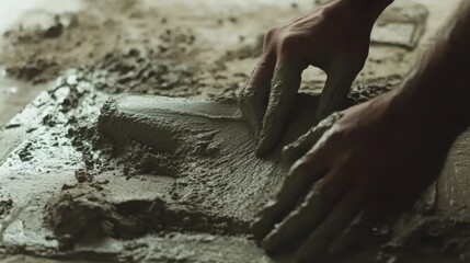 Concrete worker smoothing freshly poured cement. Featuring skill and precision