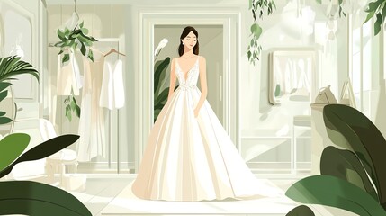 Elegant Woman Trying on Stylish Dress in Upscale Boutique Fitting Room: Flat Design Illustration for Women's Day. Vibrant AI-Generated Artwork Celebrating Modern Femininity and Fashion.