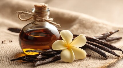 Bottle of vanilla essential oil with vanilla flower isolated on white background. aromatic vanilla beans. Vanilla extract. Spa concept. Beauty and care