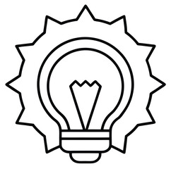 A simple line drawing of a light bulb inside a sun-like shape, featuring rays extending outward. The light bulb has a pencil inside it, symbolizing creativity and ideas. The design is minimalistic